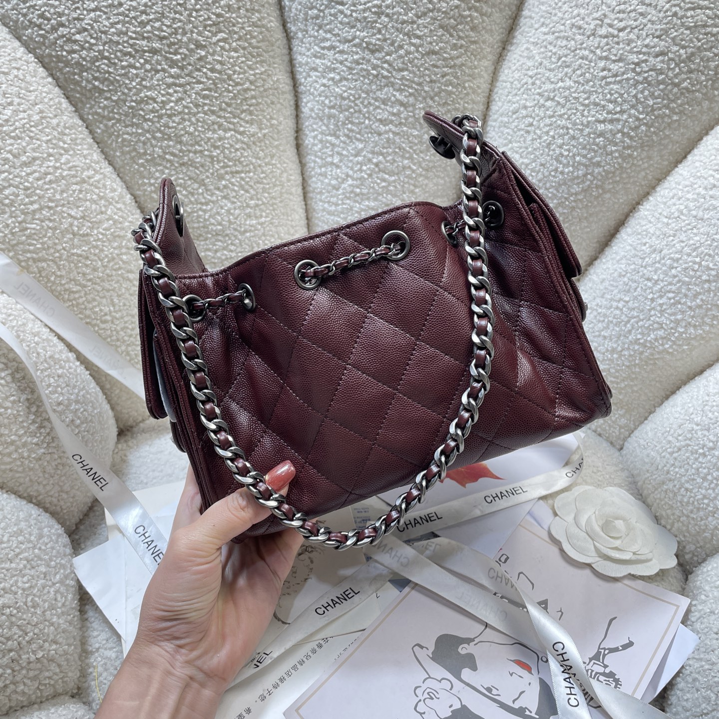 [TOP] CHANEL Mini Hobo Bag 21*22*11 cm - Claret