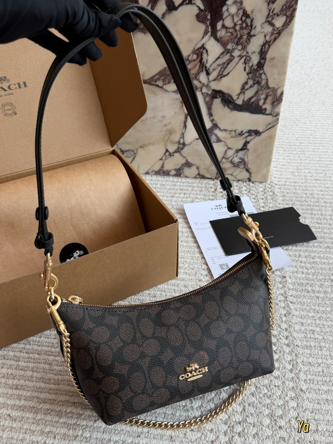 Coach Canvas Shoulder Bag with Leather Trim and Chain Strap (Replica)