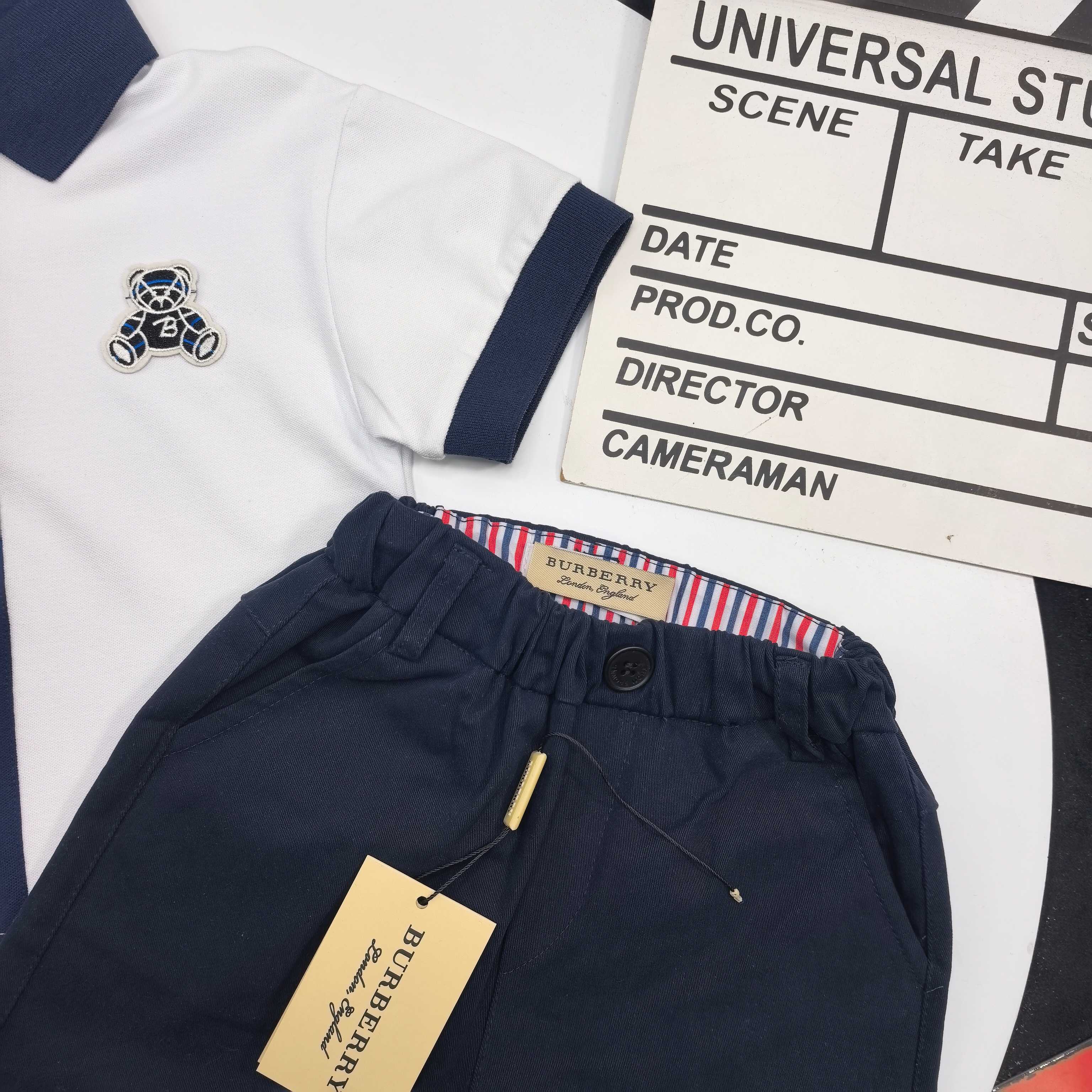 Burberry Unisex Kids White Navy Trim Teddy Bear Embroidery Polo Shirt & Navy Cotton Shorts Two Piece Separates Set Boys Girls British School Outfit Sizes 90-160