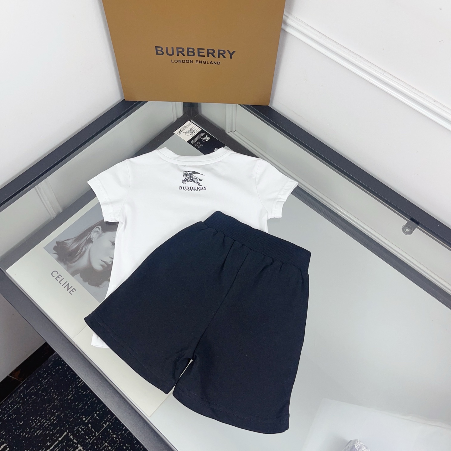 Burberry Unisex Kids White Rhinestone Equestrian Knight Print Short Sleeve T Shirt & Solid Black Elastic Casual Shorts Two Piece Matching Set Boys Girls Sizes 90-130