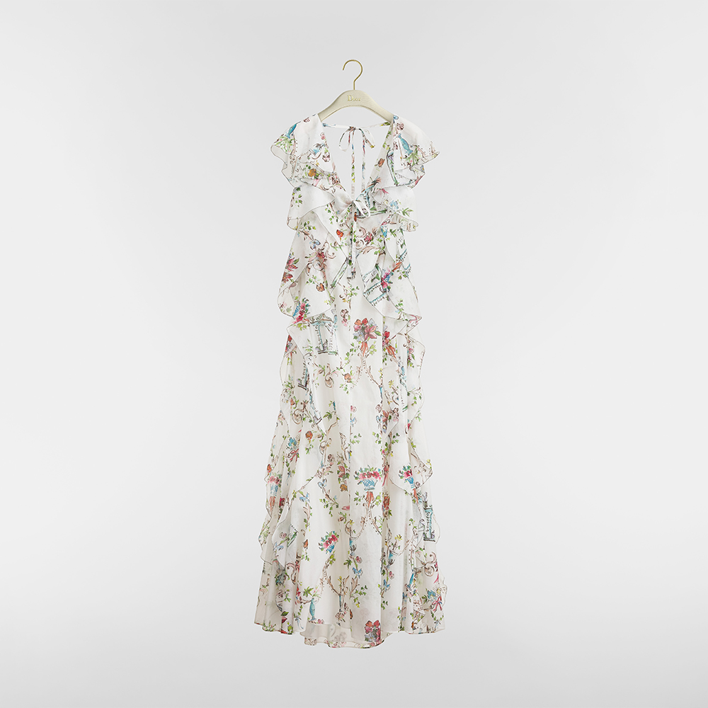 DIOR Dioriviera Long Ruffled Dress White Cotton Muslin with Multicolor Dior Arabesque Motif #387260