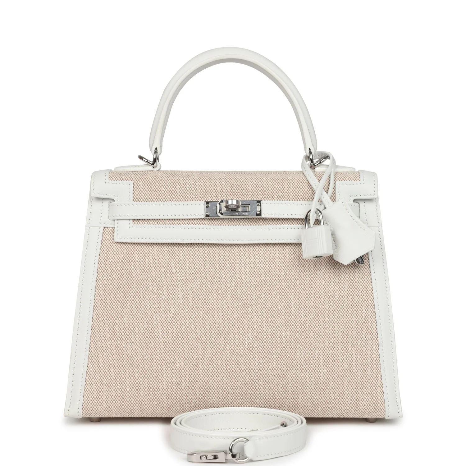 Hermes Kelly Sellier  New White Swift and Ecru-Beige Toile H Canvas Palladium Hardware