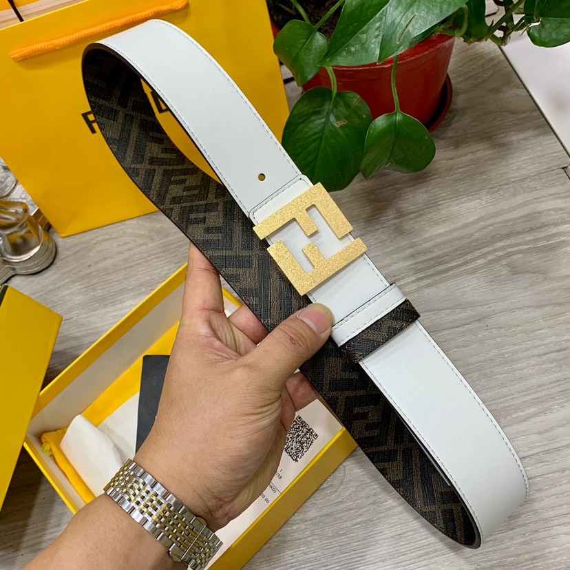 [TOP] FENDI Men's Belt Cowhide 4cm - Brown and White - 711 Luxury