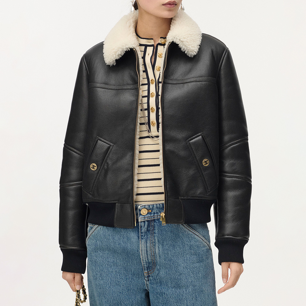 Chanel black Clothing CHANEL Top-quality Version Blouson Shearling lambskin black white #396579 | Nigo Office