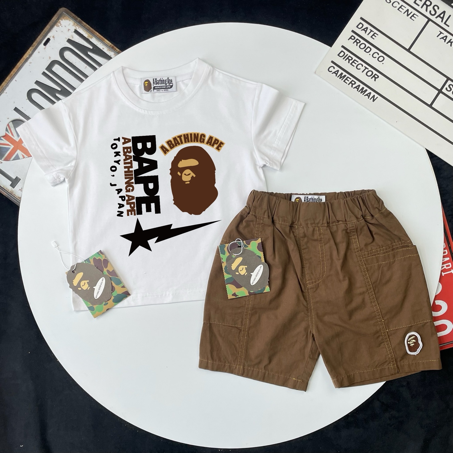 Bape Unisex Kids White Ape Head Star Print Short Sleeve T-Shirt & Brown Woven Cargo Shorts Set Boys Girls Sizes 90-150,