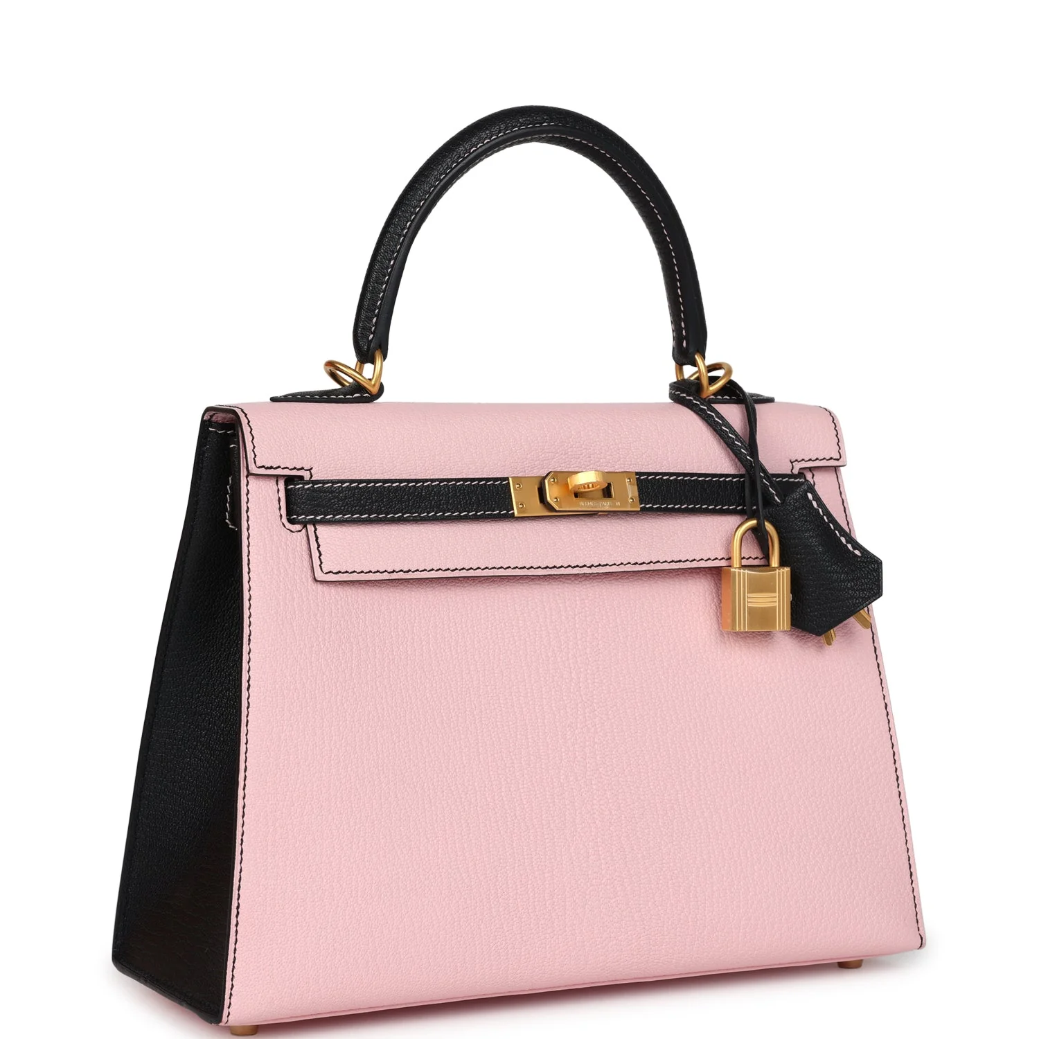 Hermes Special Order (HSS) Kelly Sellier  Rose Sakura and Black Chevre Mysore Brushed Gold Hardware