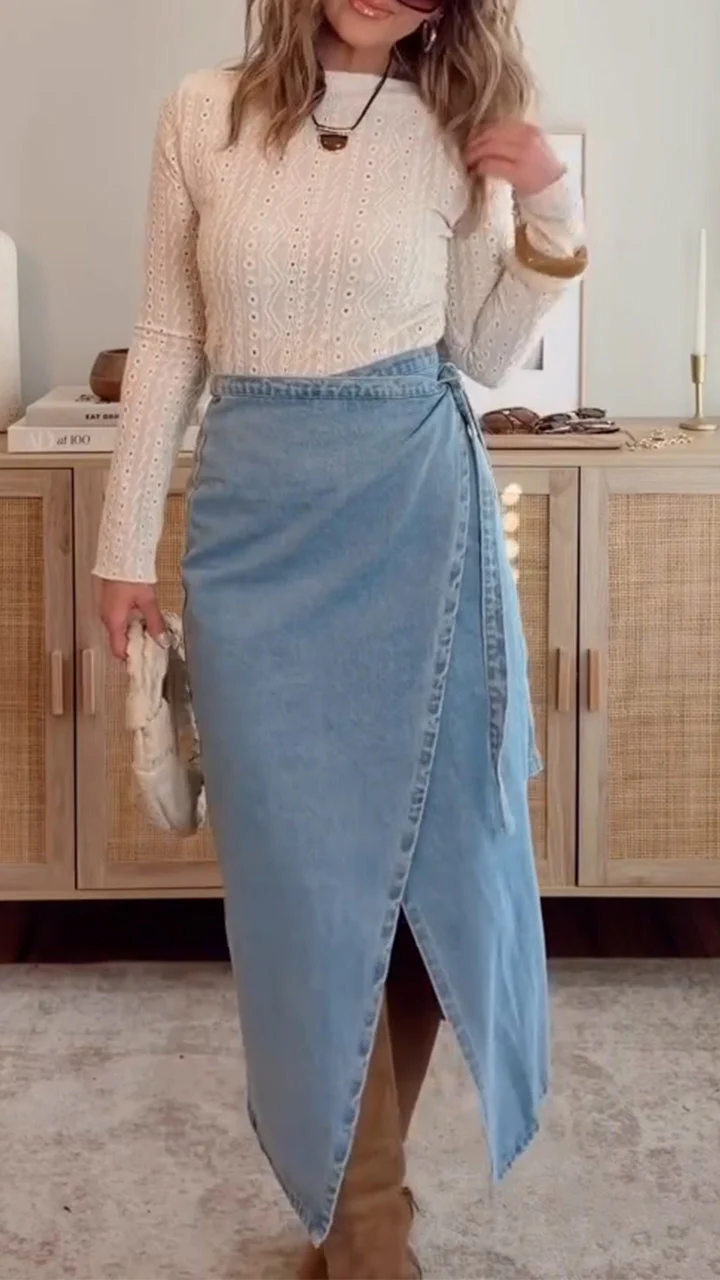 Women Round Neck Top+ Slit Denim Half Skirt Elegant Casual Set