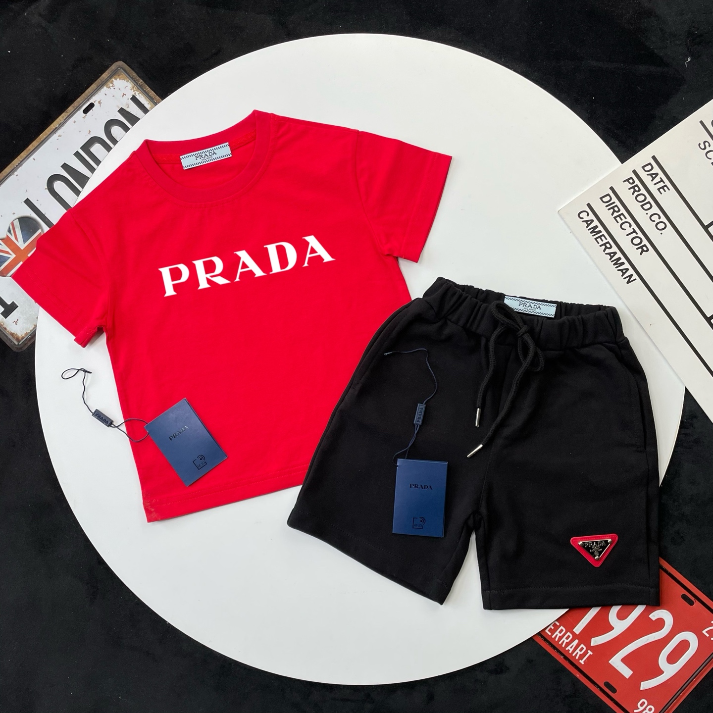 Prada Unisex Kids Red Letter Print Short Sleeve T-Shirt & Black Triangle Logo Sweat Shorts Set Boys Girls Sizes 90-150