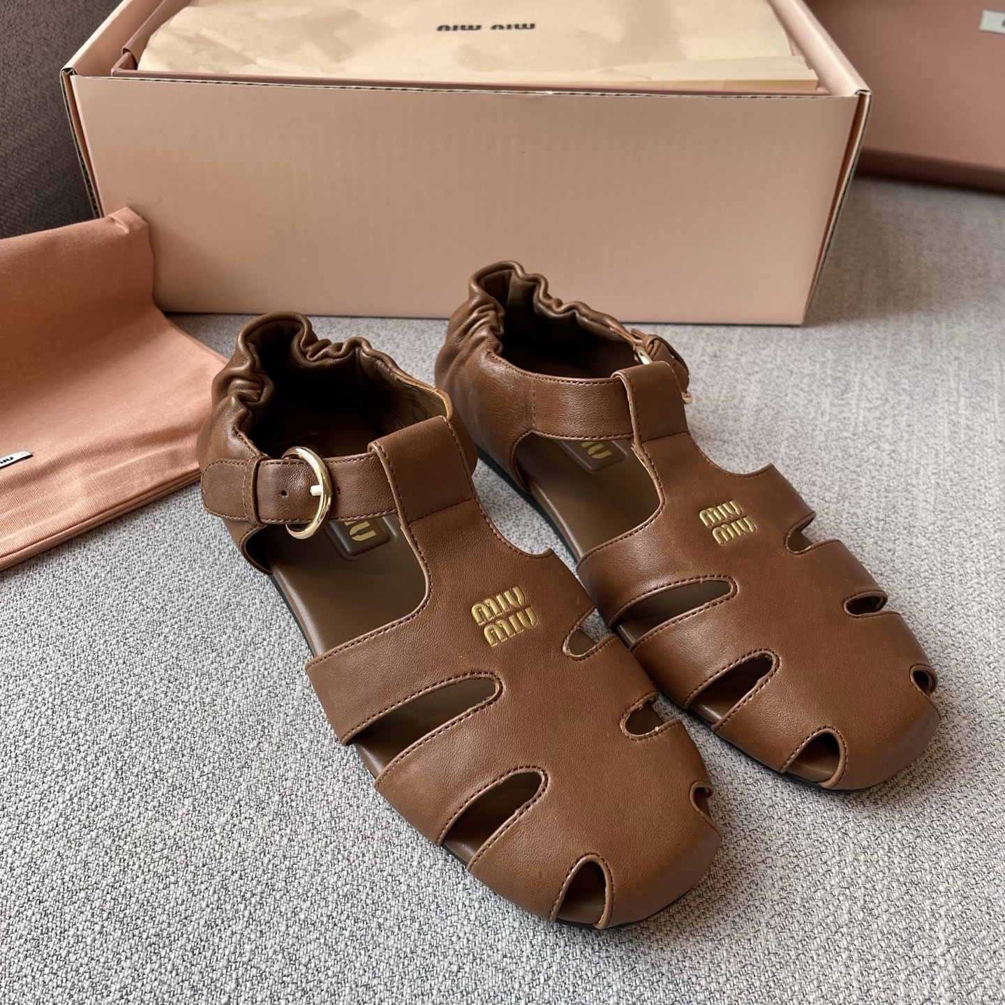 MiuMiu Briarwood Ruches Nappa Leather Fisherman Sandals #383957