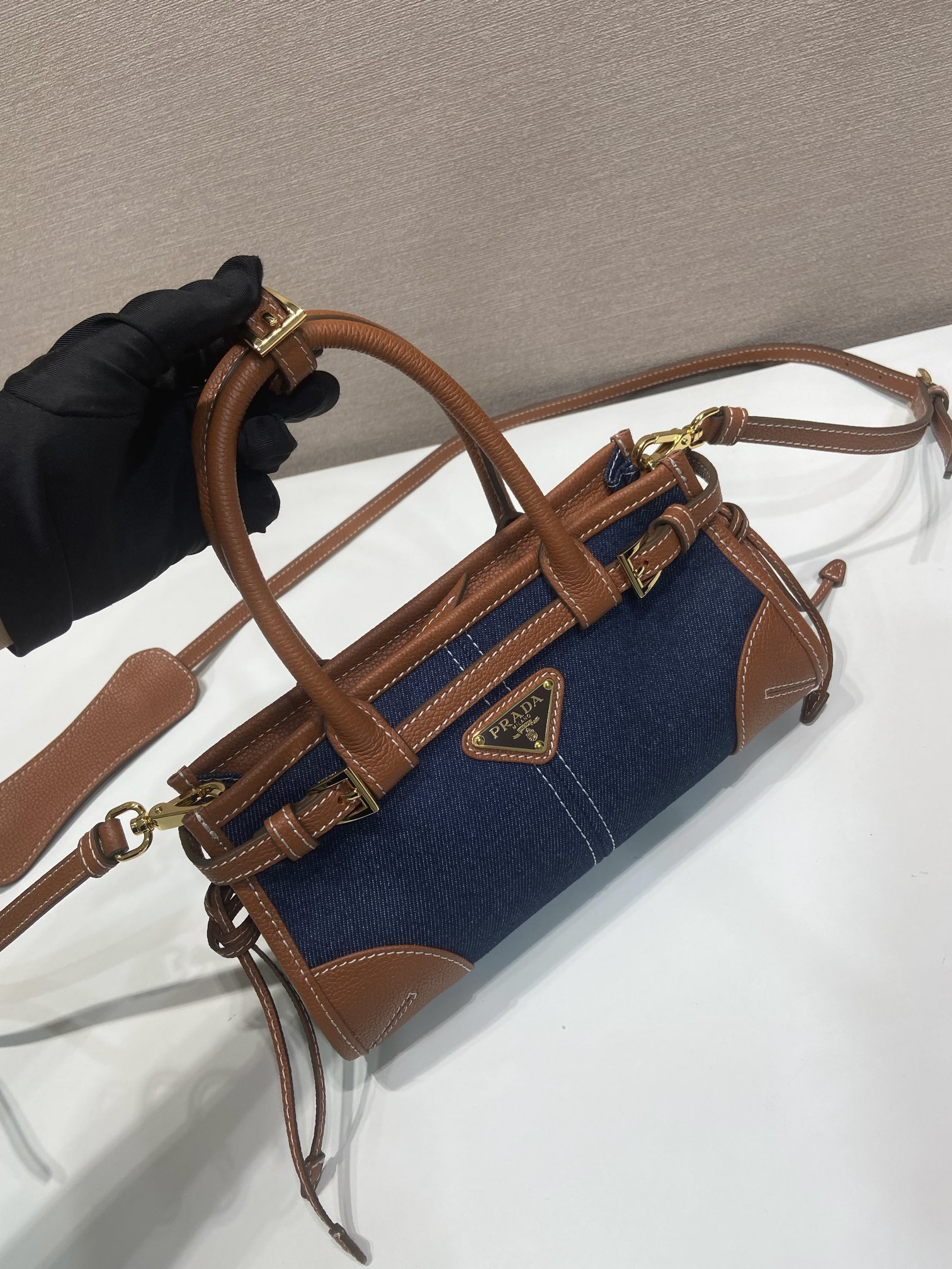 [TOP] PRADA Softlux Bag Denim/Calfskin 23.5x12x9cm - Blue and Brown