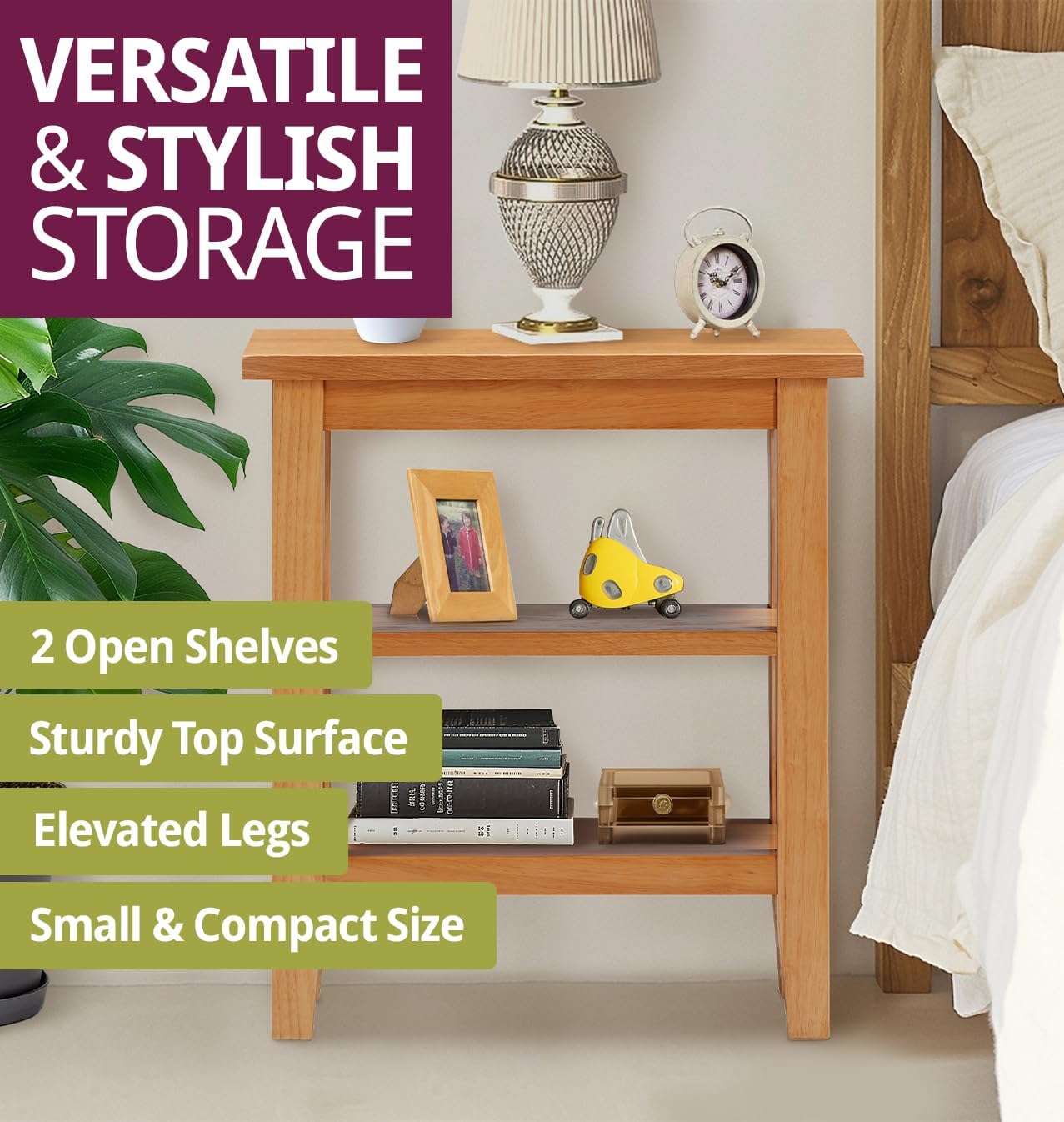 Hallowood Furniture Aston Oak Effect Small Side Table with 2 Shelves, Wooden Coffee Table with 2 Lower Open Shelves, Lamp Tables for Living Room or Hallway, Oak Bedside Tables for Small Spaces