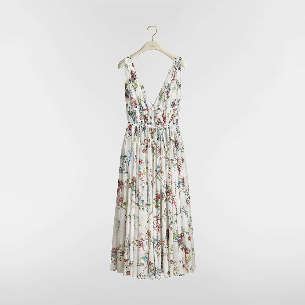 DIOR Dioriviera Mid-Length Flared Dress White Cotton Muslin with Multicolor Dior Arabesque Motif #387259