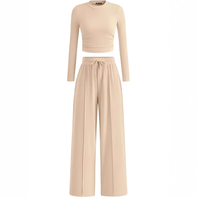 2-Piece Lounge Set – Ribbed Knit Long Sleeve Crop Top & Wide Leg Pants
