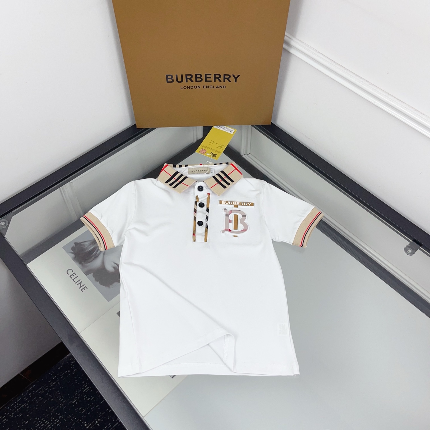 Burberry Unisex Kids White Vintage Check Collar Short Sleeve Polo Shirt Boys Girls Sizes 90-130