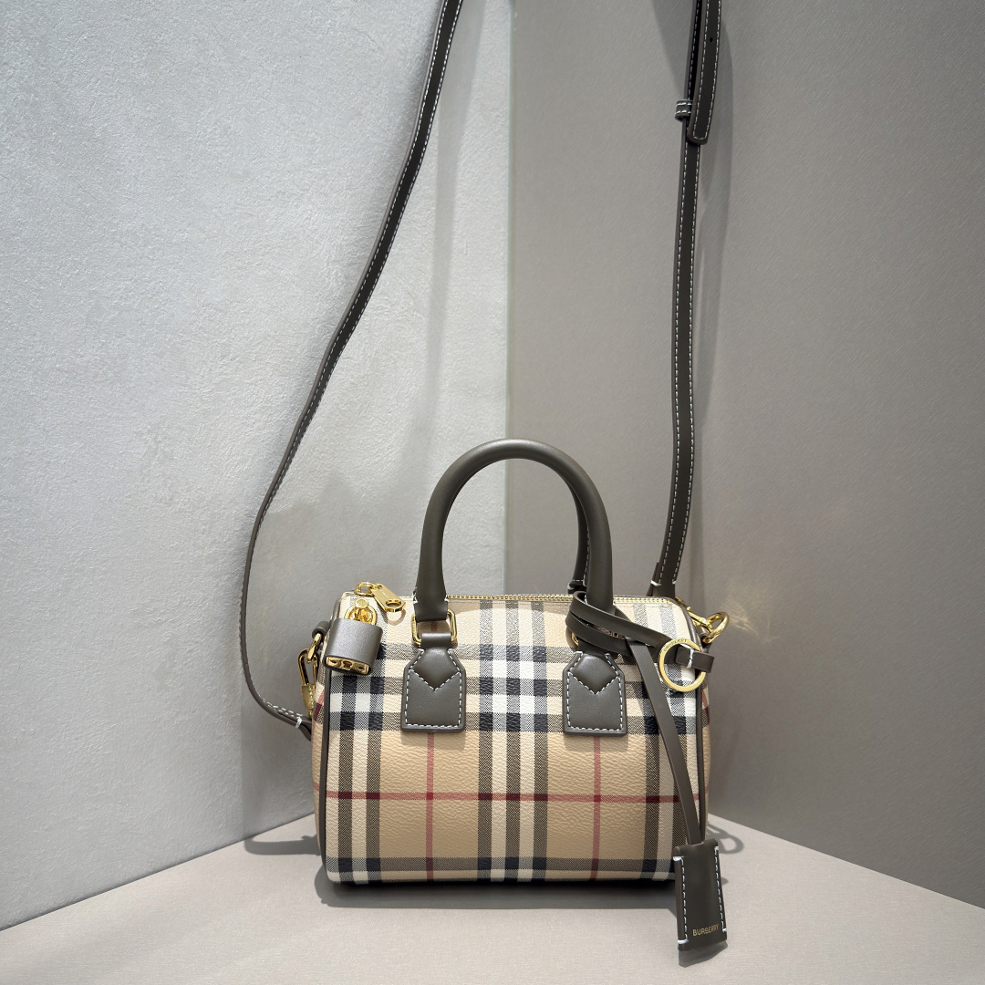 [TOP] BURBERRY Mini Plaid Boston Bag 18.5x11x12cm - Khaki and Gray - 711 Luxury