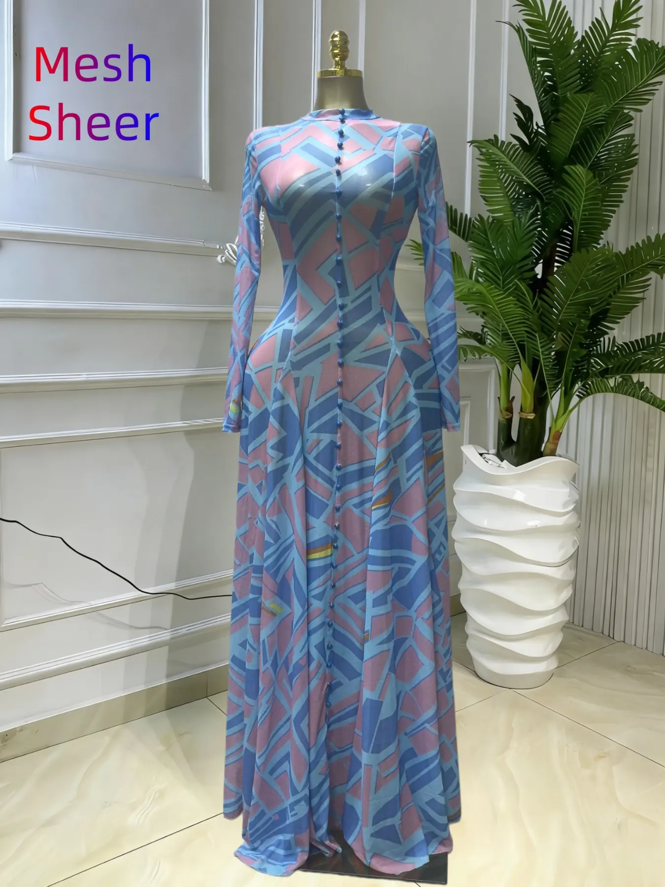 Women's O-Neck Long Sleeve Woven Maxi Dress, Tie-Dye Print, Romantic Valentine's Day Party Outfit Gown, Sexy Mesh Sheer Dress, Spring Sexy Club Street Evening Wear Lady Skirts