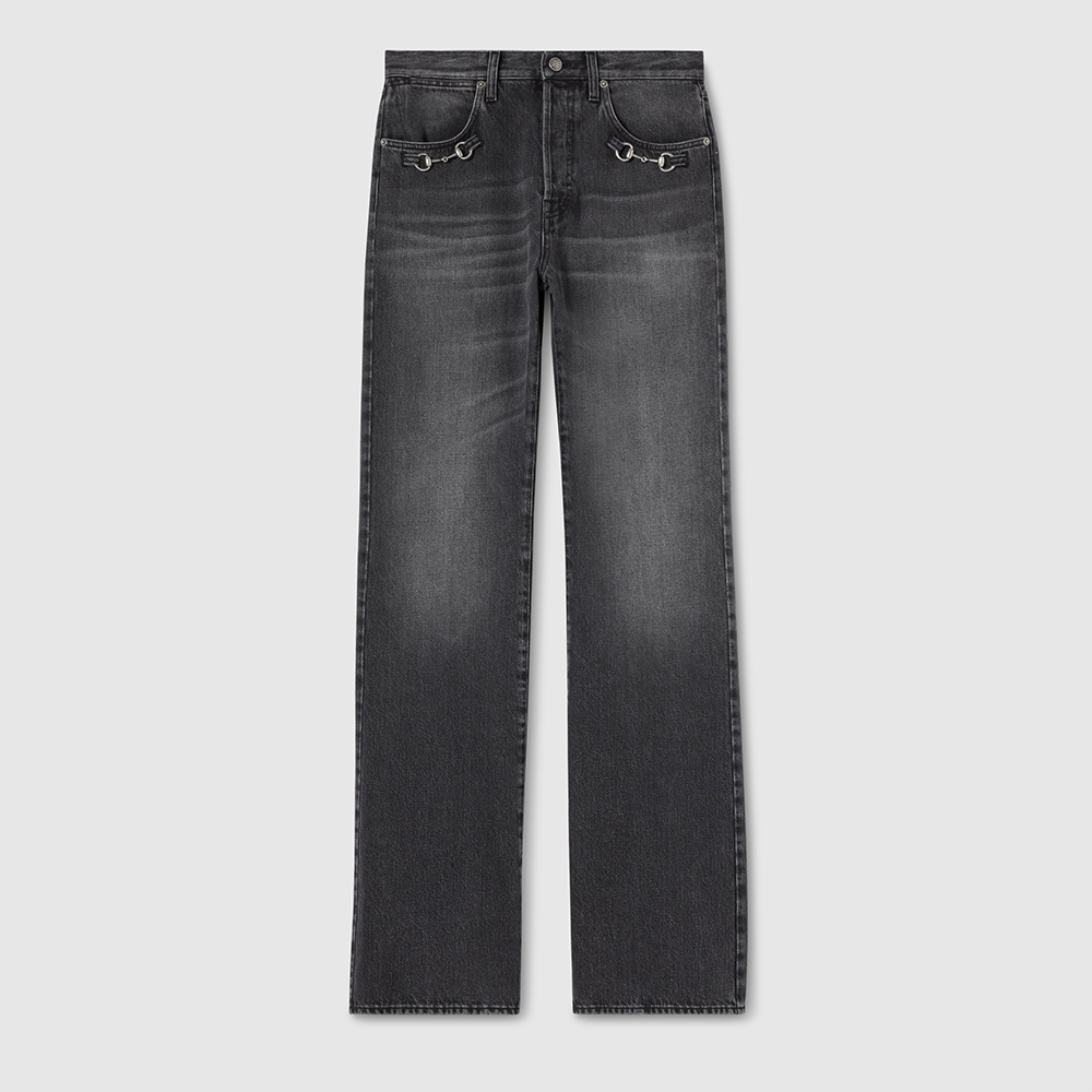 GUCCI Cotton Denim Pants With Horsebit Detail in Dark Grey #379683