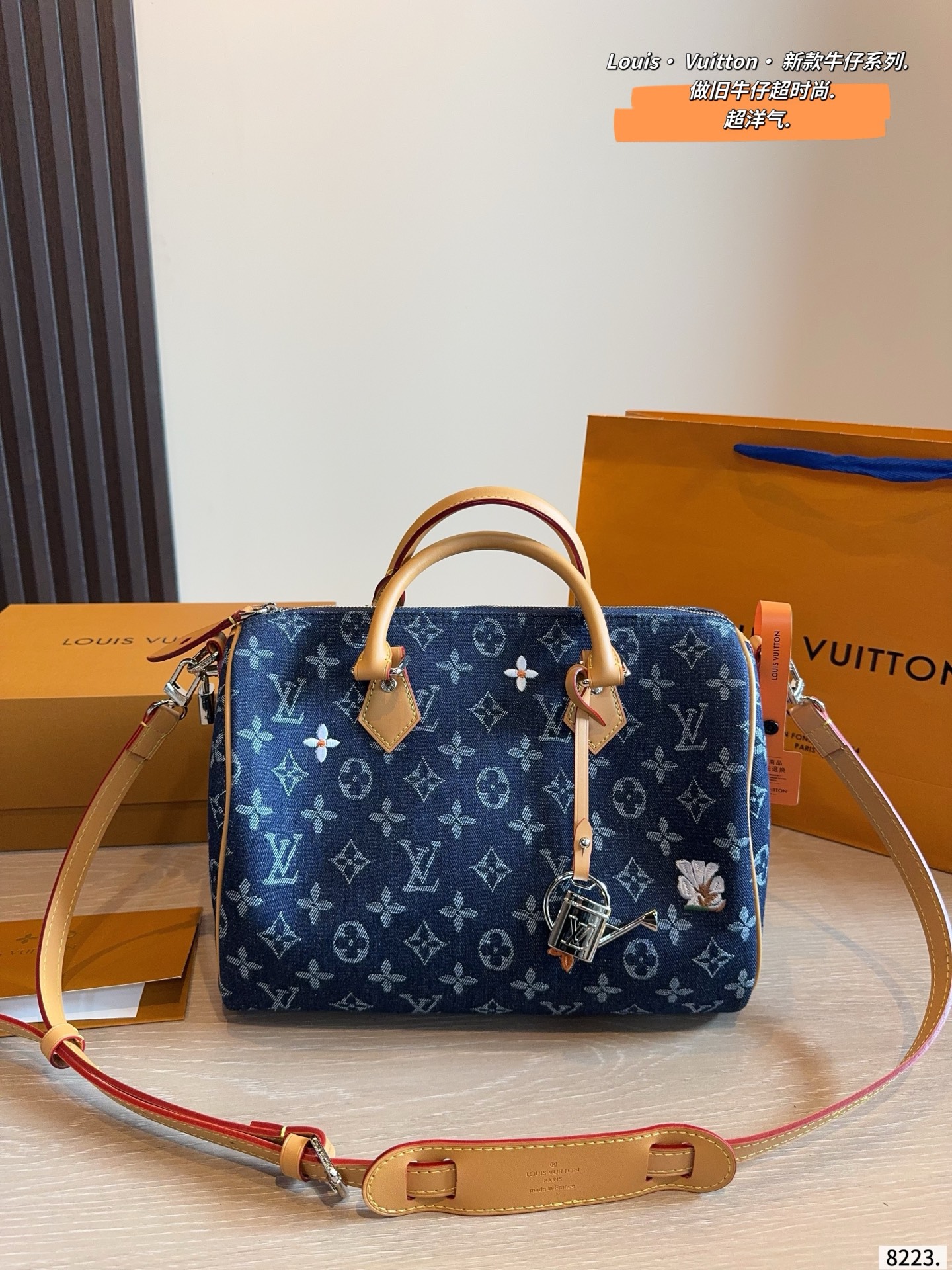 Louis Vuitton Speedy Denim Floral Embroidery Handbag with Detachable Strap (Replica)