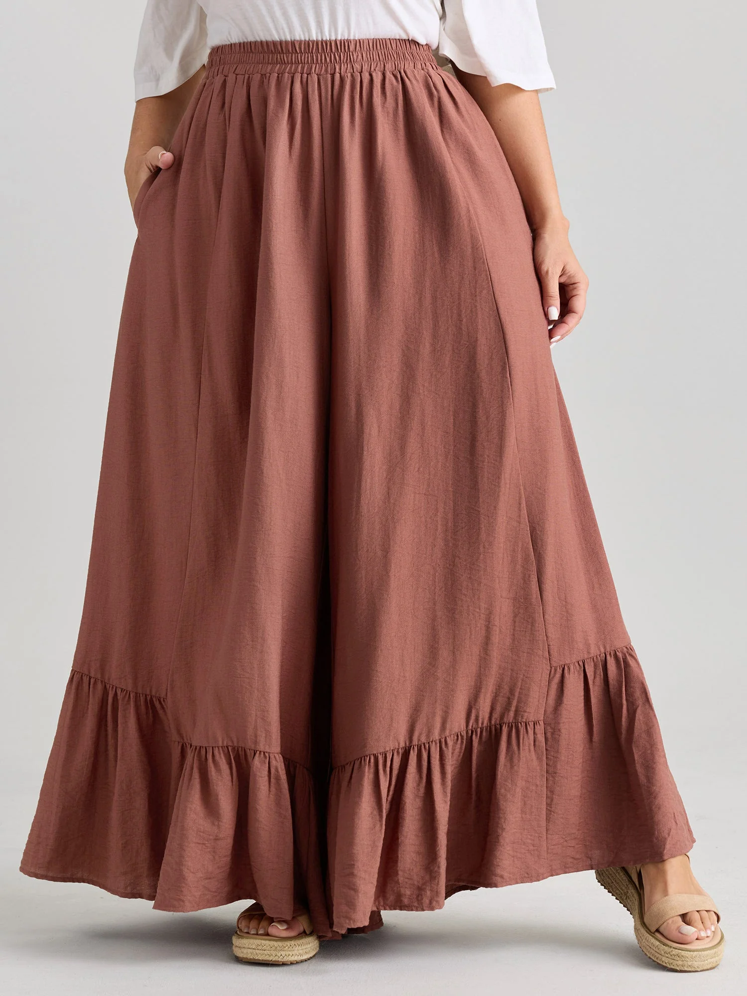 Ruffled Hem Plain Flowy Pants