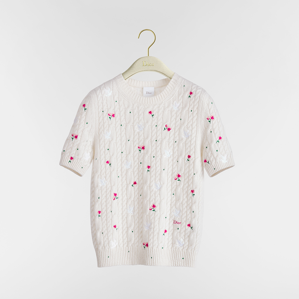 DIOR Dioramour Embroidered Short-Sleeved Sweater Ecru Cashmere Cable-Knit with Multicolor Doves Roses Motif #375955