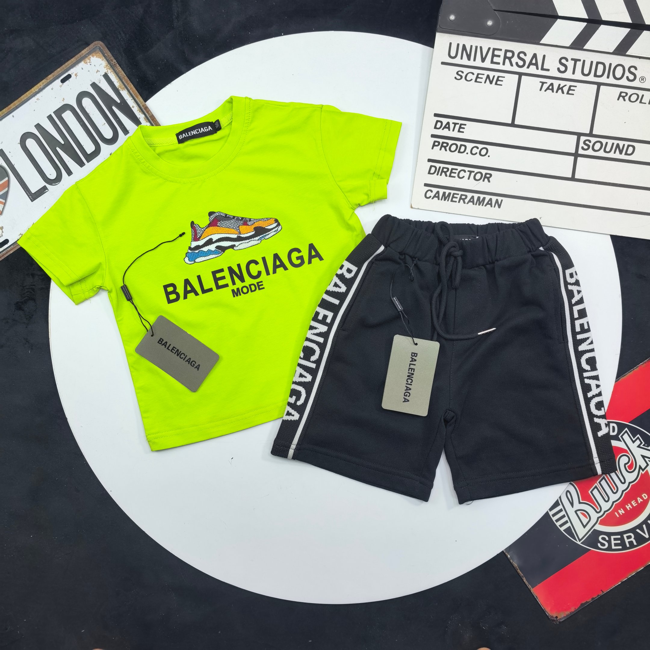 Balenciaga Unisex Kids Fluorescent Green Sneaker Graphic Short Sleeve T-Shirt & Black Double Side Woven Logo Stripe Sweat Shorts 2 Piece Set Boys Girls Sizes 90-150