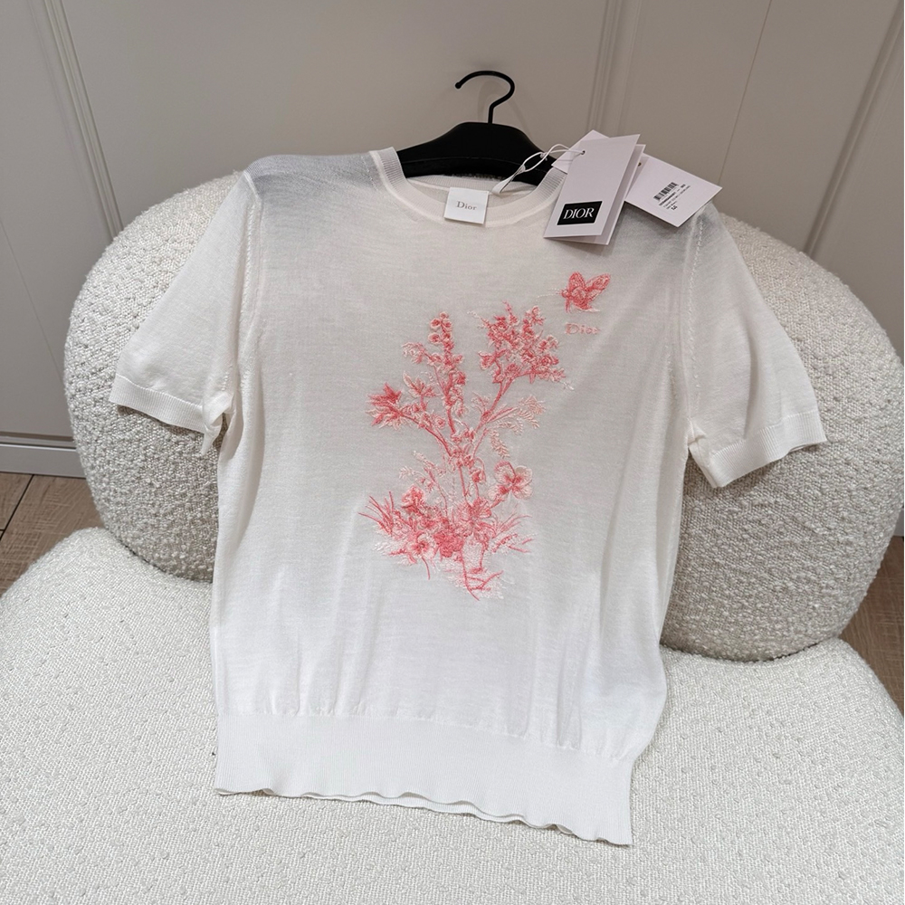 DIOR Short Sleeved Embroidered Sweater White Virgin Wool and Silk #380303