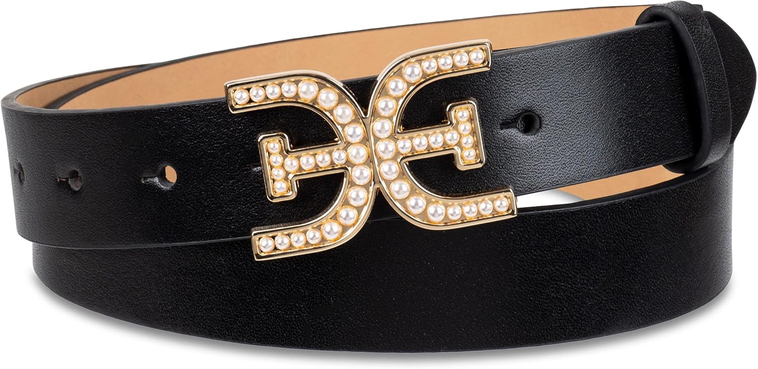 Sam Edelman Women's Imitation Pearl Embellished Double-E Logo Plaque Buckle Leather Belt for Jeans, Dresses and Trousers