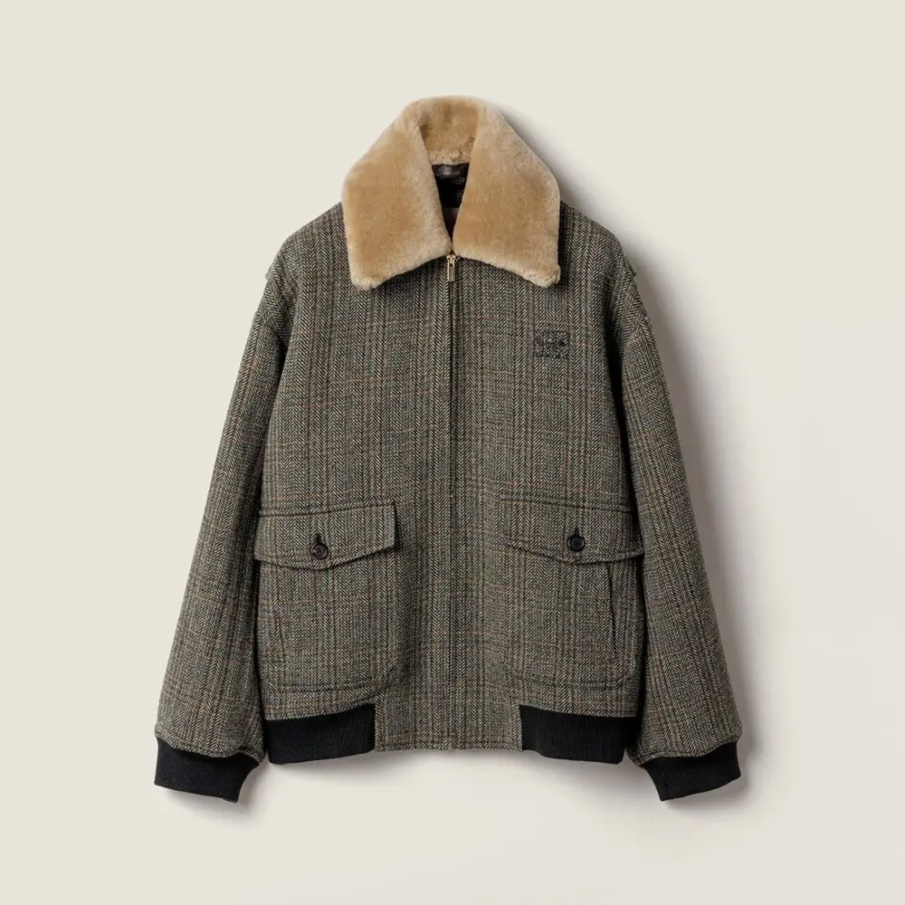 Designer gray Clothing MiuMiu Chevron Blouson Jacket With Shearling Collar Slate Gray #390011 | Nigo Office