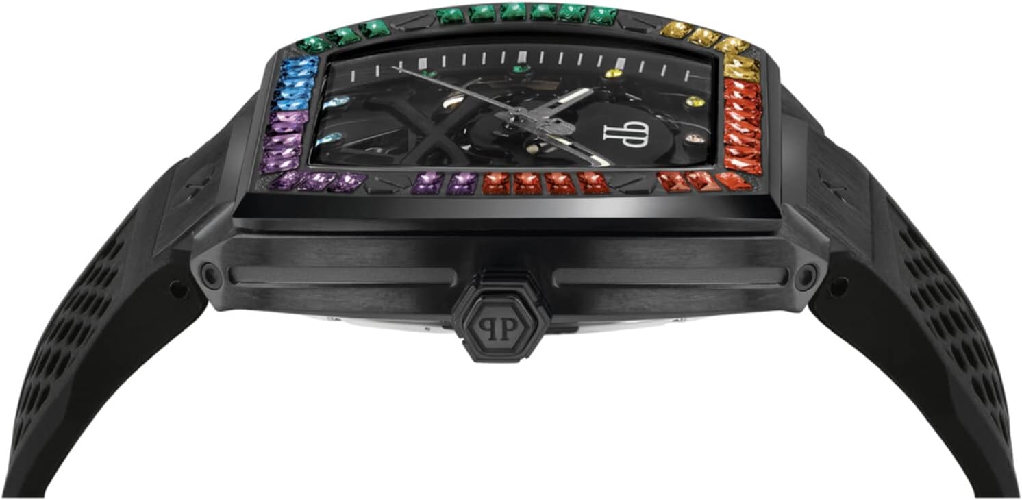 Philipp Plein The $keleton Collection Luxury Mens Watch Timepieces with a Black Strap and Dial Featuring a IP Black Case