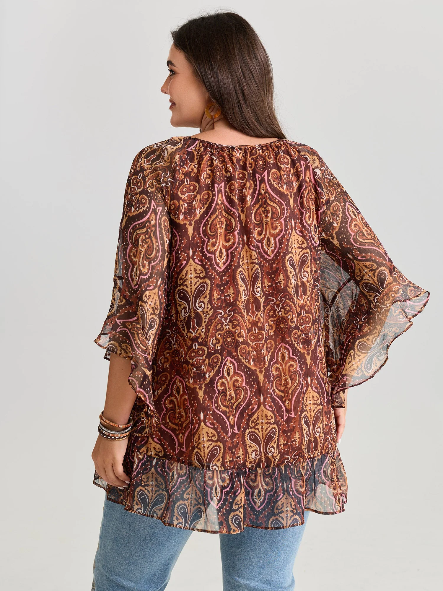 Boho Geometric Print Ruffled Sleeve Blouse