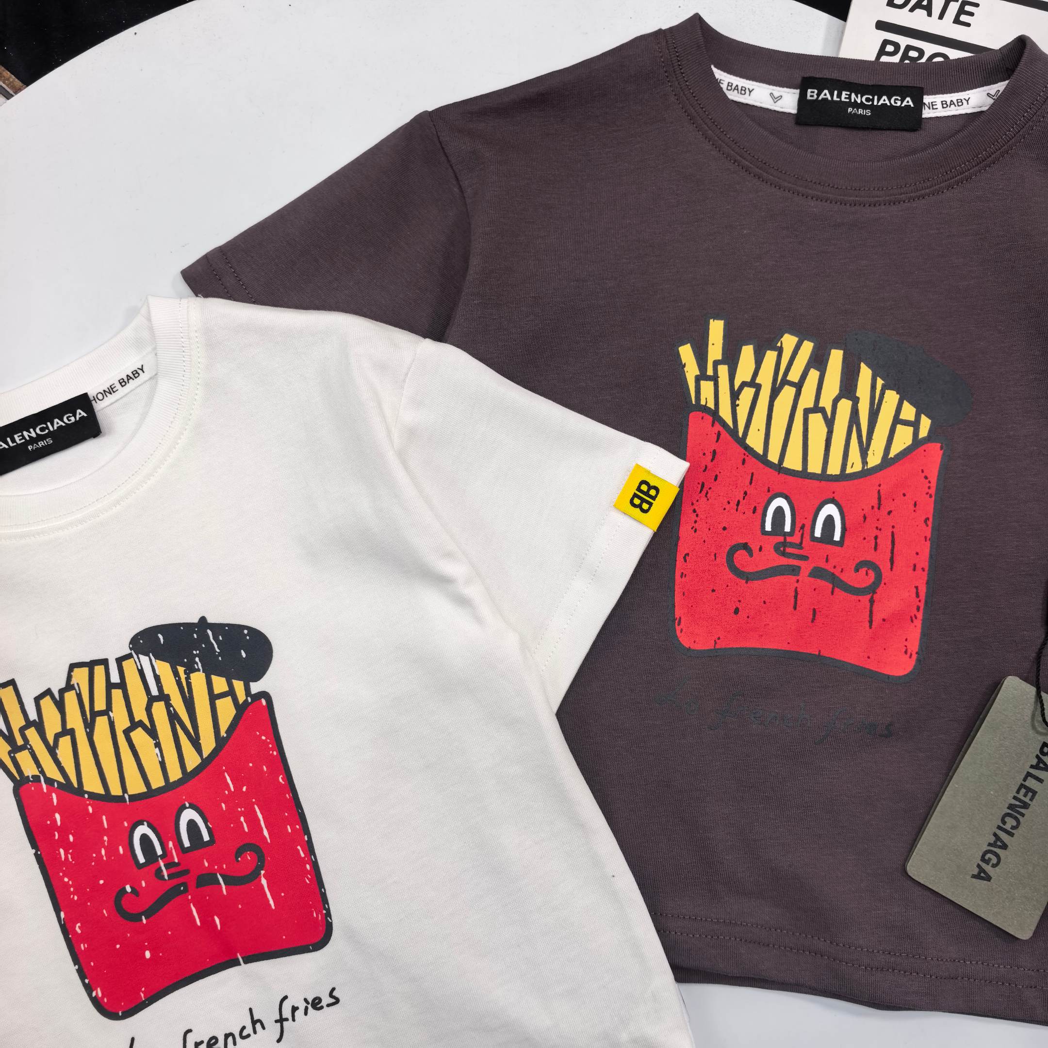 Balenciaga Unisex Kids White Dark Brown Cartoon French Fries Graphic Short Sleeve T-Shirt Boys Girls Sizes 90-150