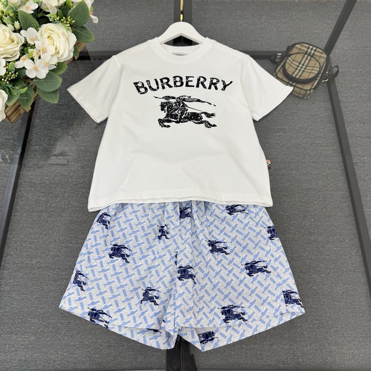 Burberry Unisex Kids White Knight Logo Short Sleeve T-Shirt & All Over Blue Knight Print Drawstring Beach Shorts Two Piece Set Boys Girls Sizes 100-160