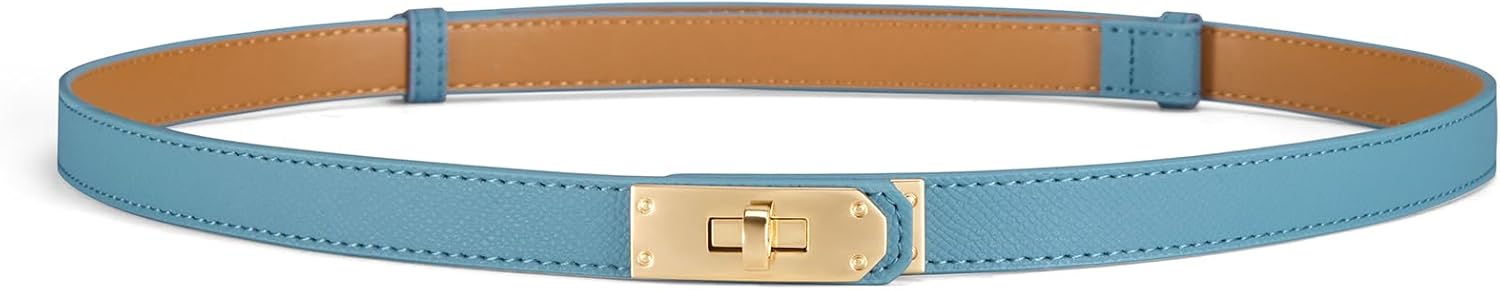 Fianmy Women’s Skinny Leather Belt with Gold or Silver Turn-Lock Buckle – Adjustable Thin Belt for Dresses, Office & Wedding