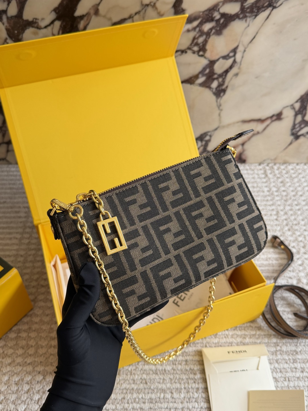 Fendi Brown and White Canvas Clutch with Gold-tone Hardware and Detachable Chain (Replica)
