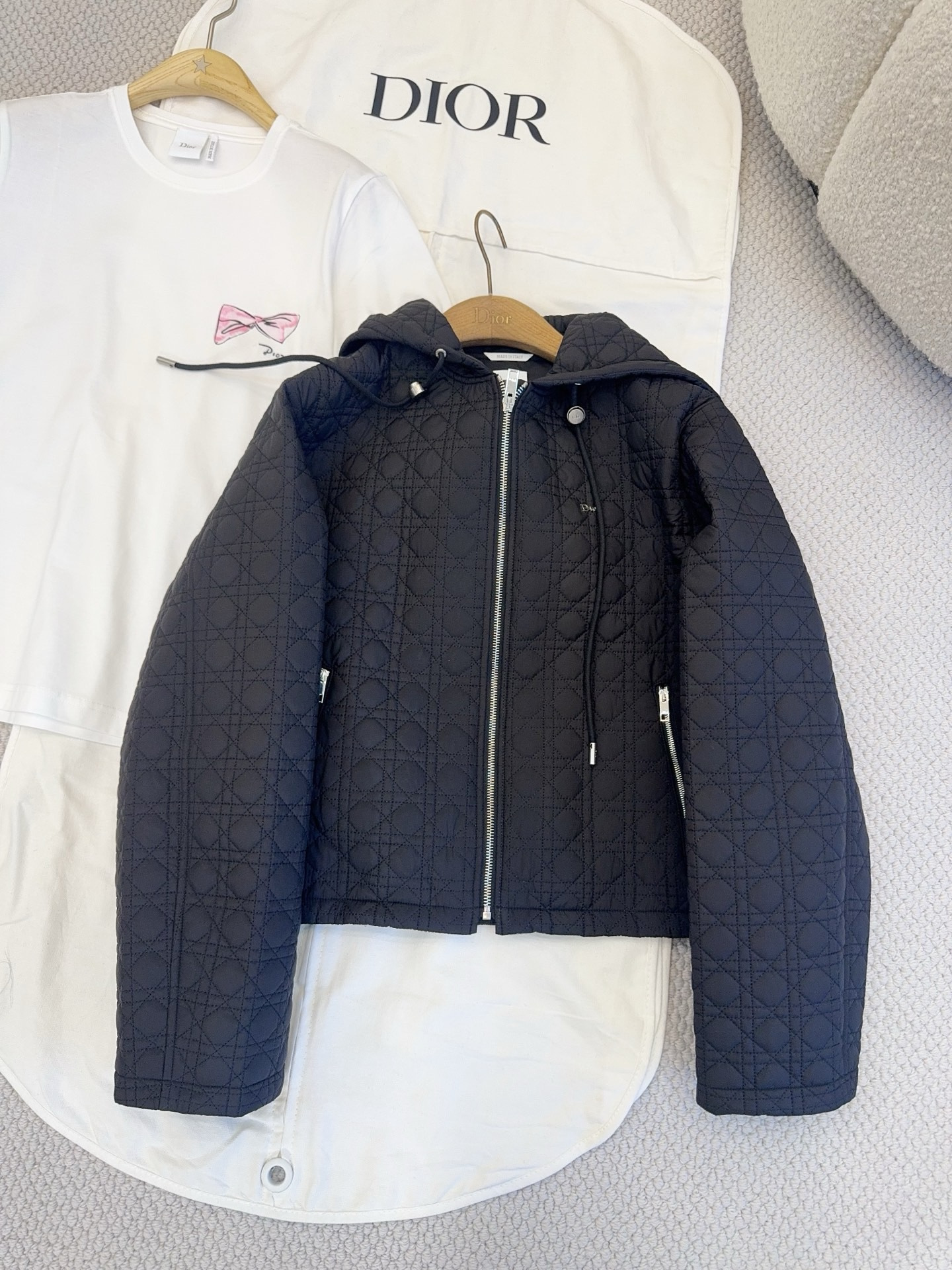 DIOR Zipped Macrocannage Jacket with Hood Black Quilted Technical Taffeta #389242