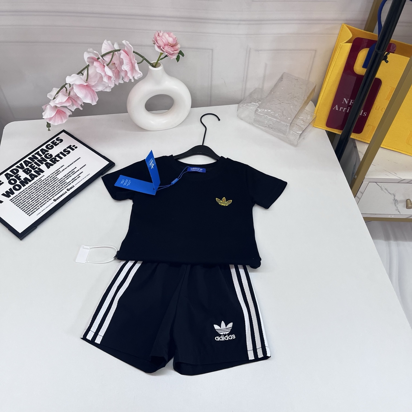 Adidas Kids 2Pcs Tracksuit For Boys Girls Embroidered Trefoil Tee & 3 Stripe Shorts Sizes 80-110cm