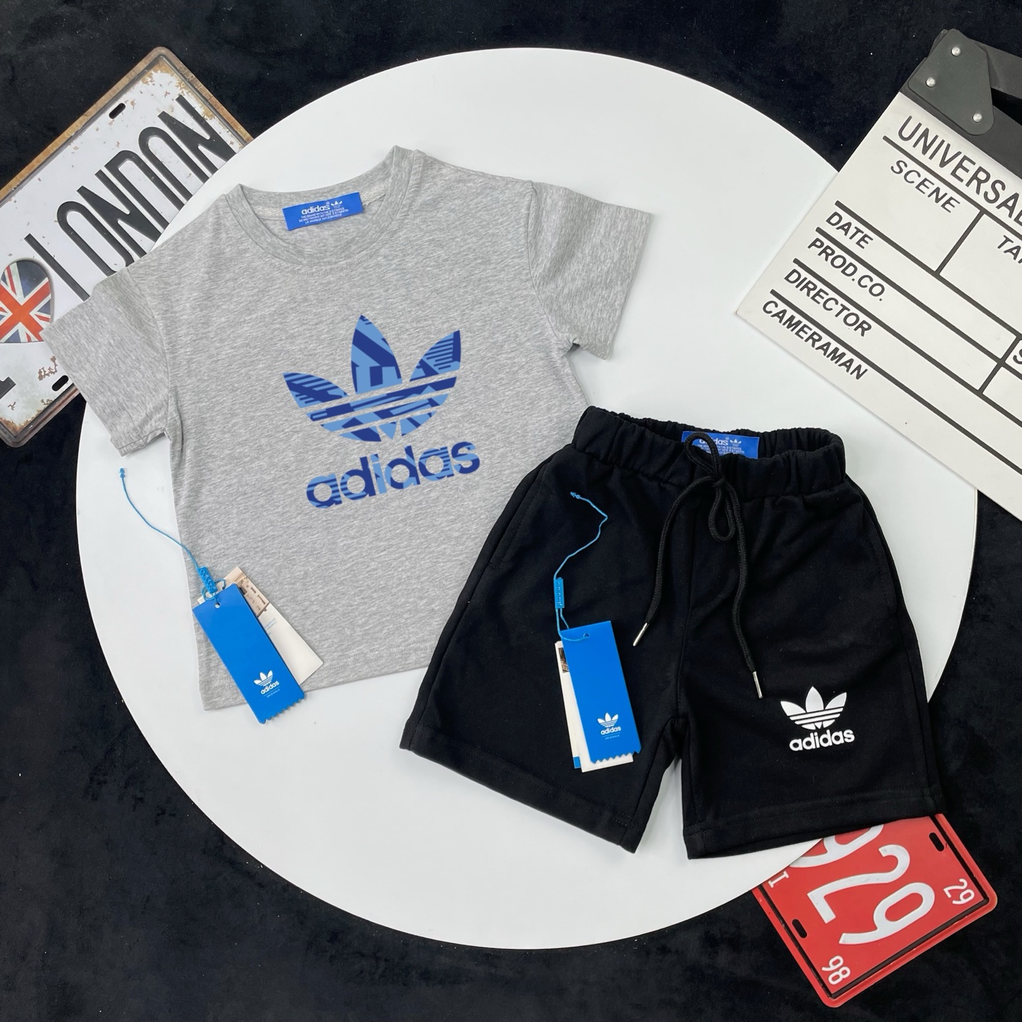 Adidas Unisex Kids 2-Piece Trefoil Graphic Short Sleeve Tee & French Terry Sweat Shorts Summer Outfit Boys Girls Separates Available Sizes 90-150
