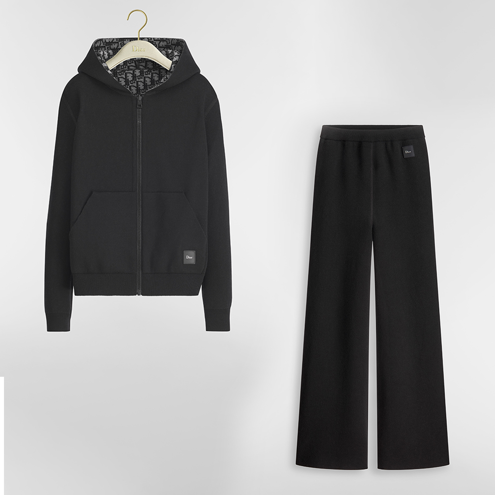 Dior black Clothing DIOR Hooded Zipped Cardigan and Regular Fit Pants Black Virgin Wool-cashmere-blend Jacquard With Dior Obl