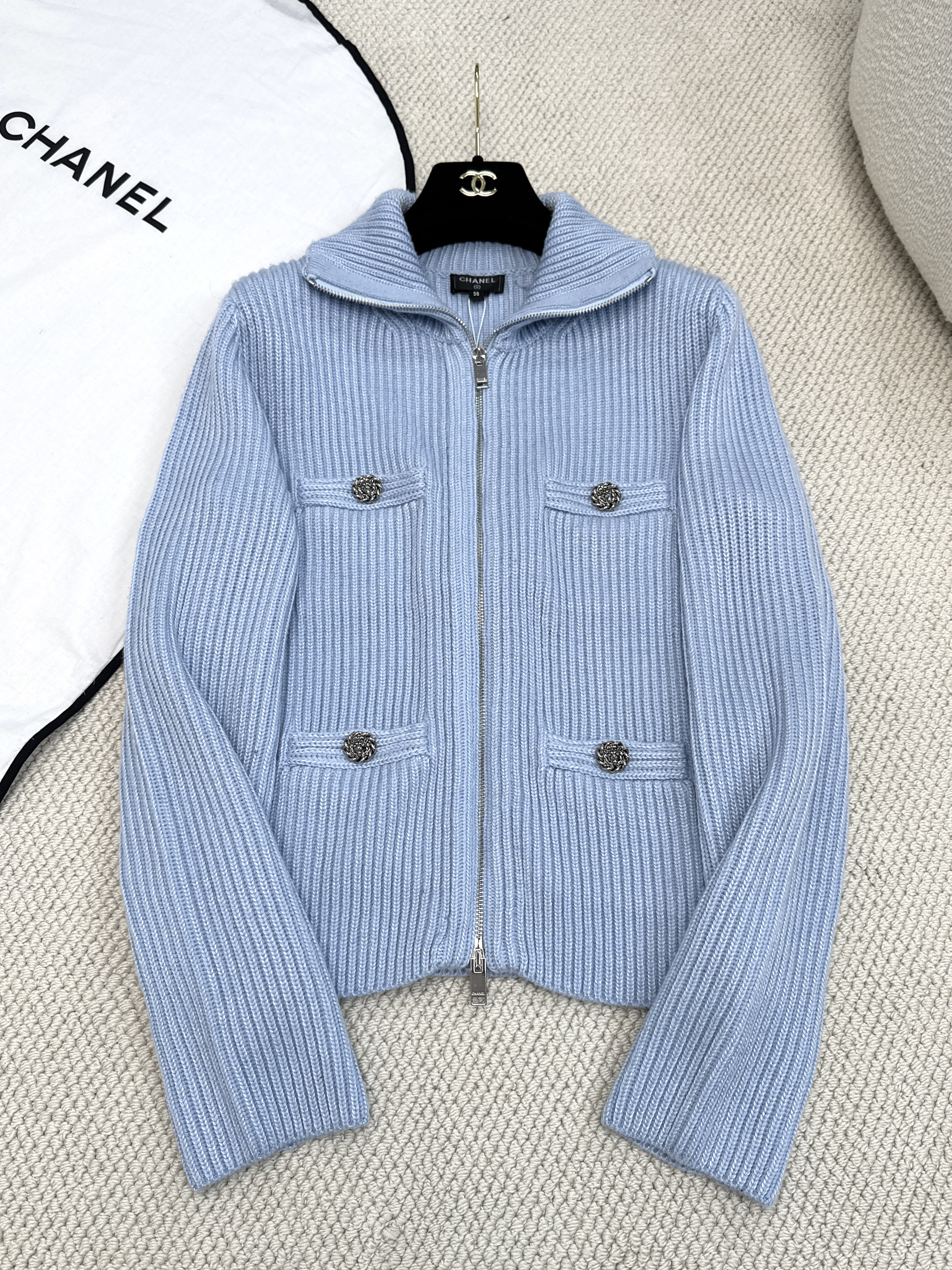 Chanel blue Clothing Chanel Zipper Knitted Jacket Skirt Light Blue #378463 View 2 | Nigo Office