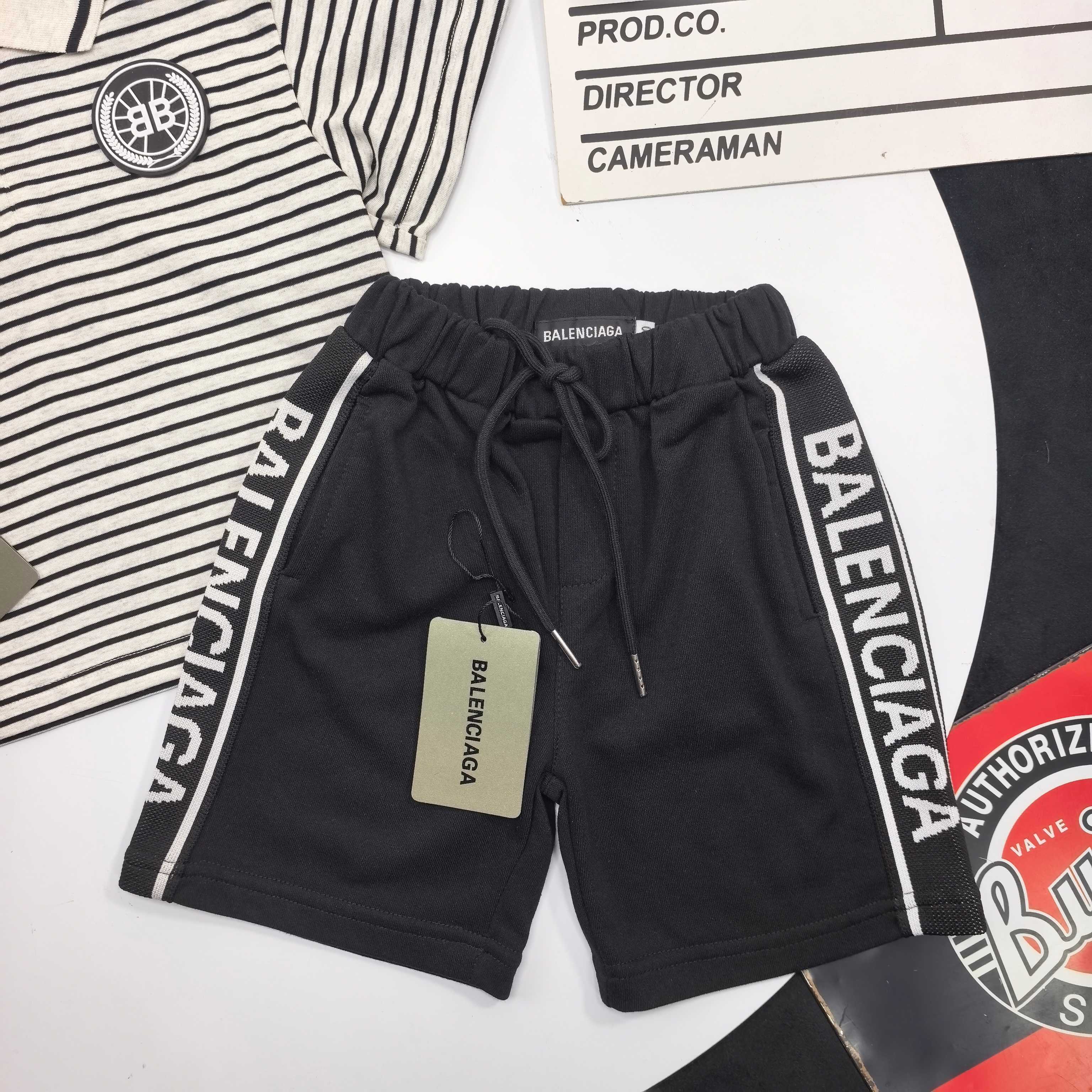 Balenciaga Unisex Kids Black White Stripe BB Badge Short Sleeve Polo Shirt & Black Double Side Woven Logo Stripe Sweat Shorts 2 Piece Set Boys Girls Sizes 90-160