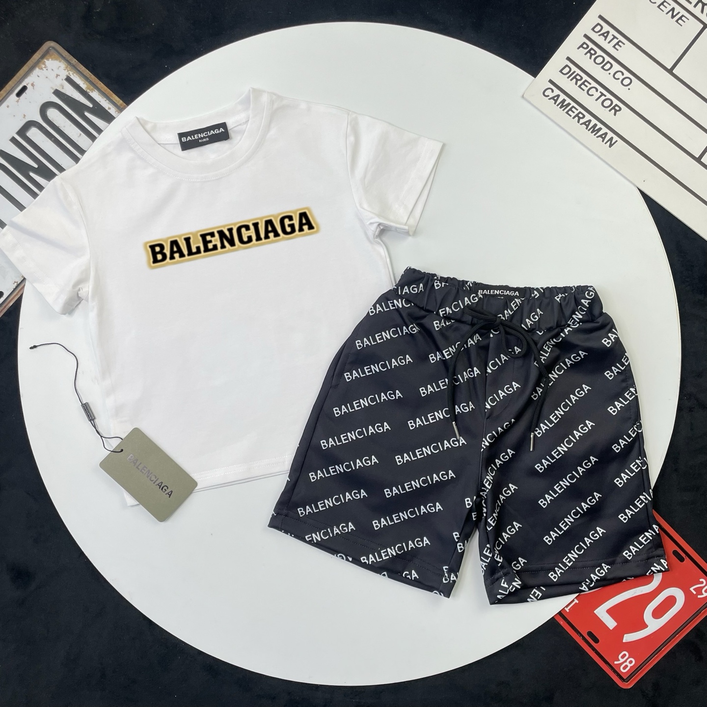 Balenciaga Unisex Kids White Gold Border Logo Short Sleeve T-Shirt & Black All Over Letter Print Casual Shorts 2 Piece Set Boys Girls Sizes 90-150