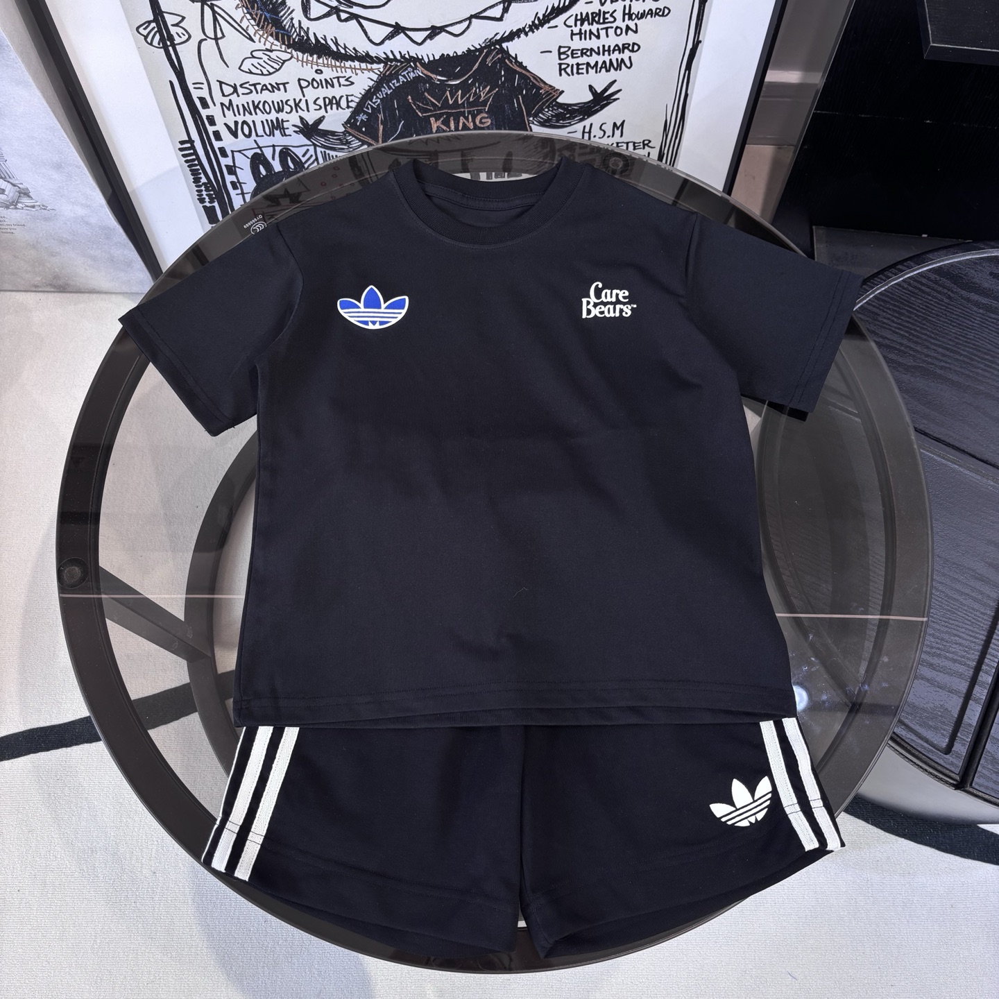 Adidas Unisex Kids 3 Stripe Elastic Waist Athletic Shorts & Cartoon Print Crewneck T-Shirt Two Piece Tracksuit Boys Girls Sizes 100-160