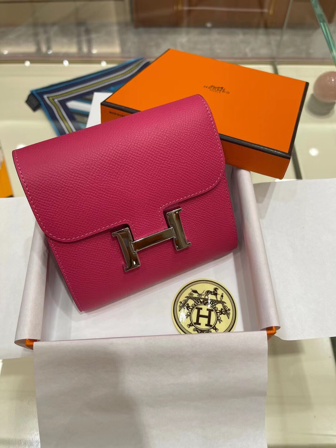 [TOP] HERMES Constance Short Wallet Epsom 13×12cm - Pink