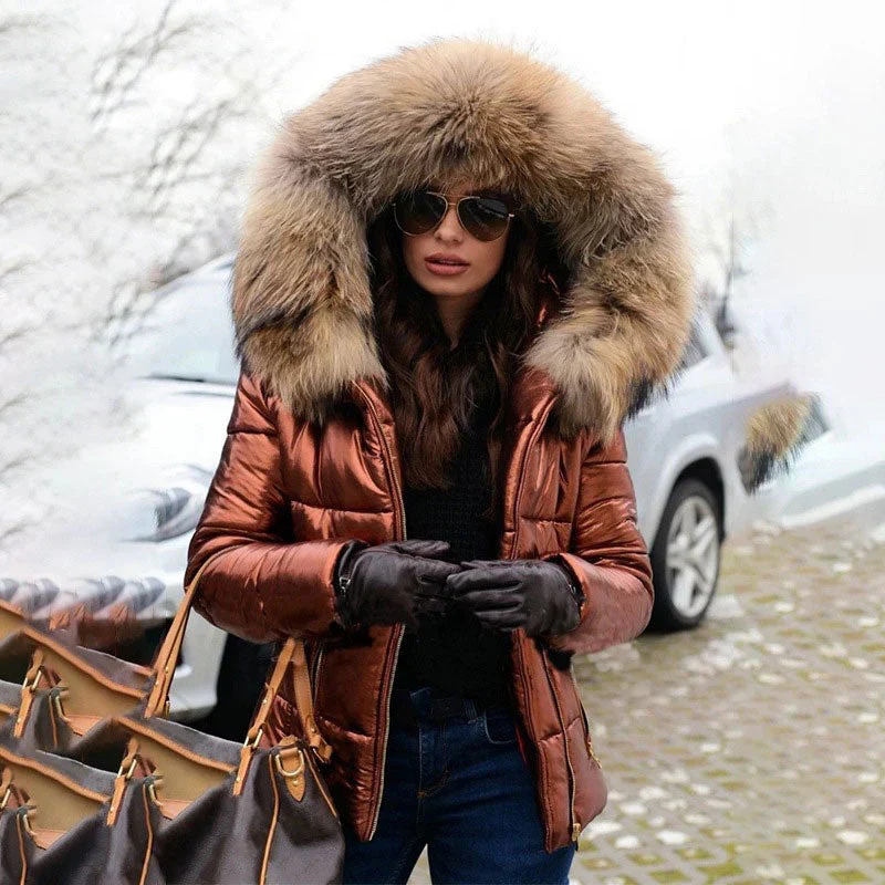 Women's casual warm large fur collar hooded jacket