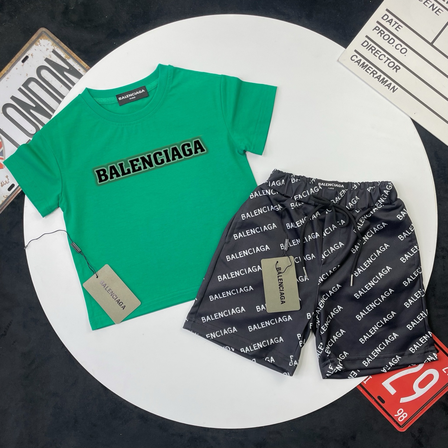 Balenciaga Unisex Kids Bright Green Green Glow Border Logo Short Sleeve T-Shirt & Black All Over Letter Print Casual Shorts 2 Piece Set Boys Girls Sizes 90-150