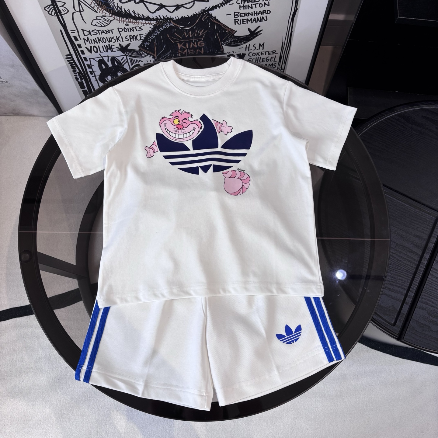 Adidas Unisex Kids Care Bears Cheshire Cat Graphic Crewneck T-Shirt & 3 Stripe Athletic Shorts Two Piece Tracksuit Boys Girls Sizes 90-160