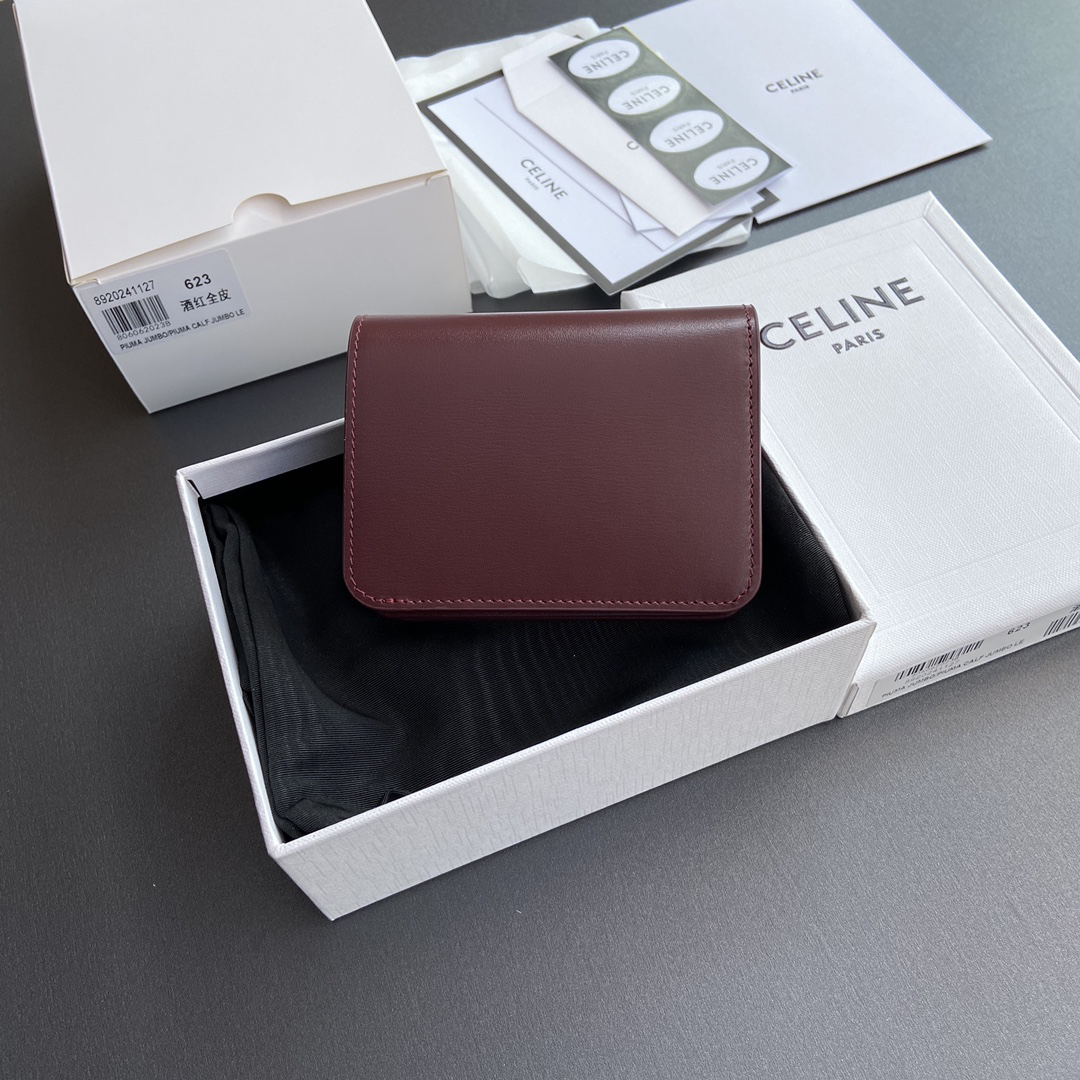 [TOP] CELINE Triomphe Cowhide Leather Short Wallet 11-9-3 cm - Claret&GHW - 711 Luxury