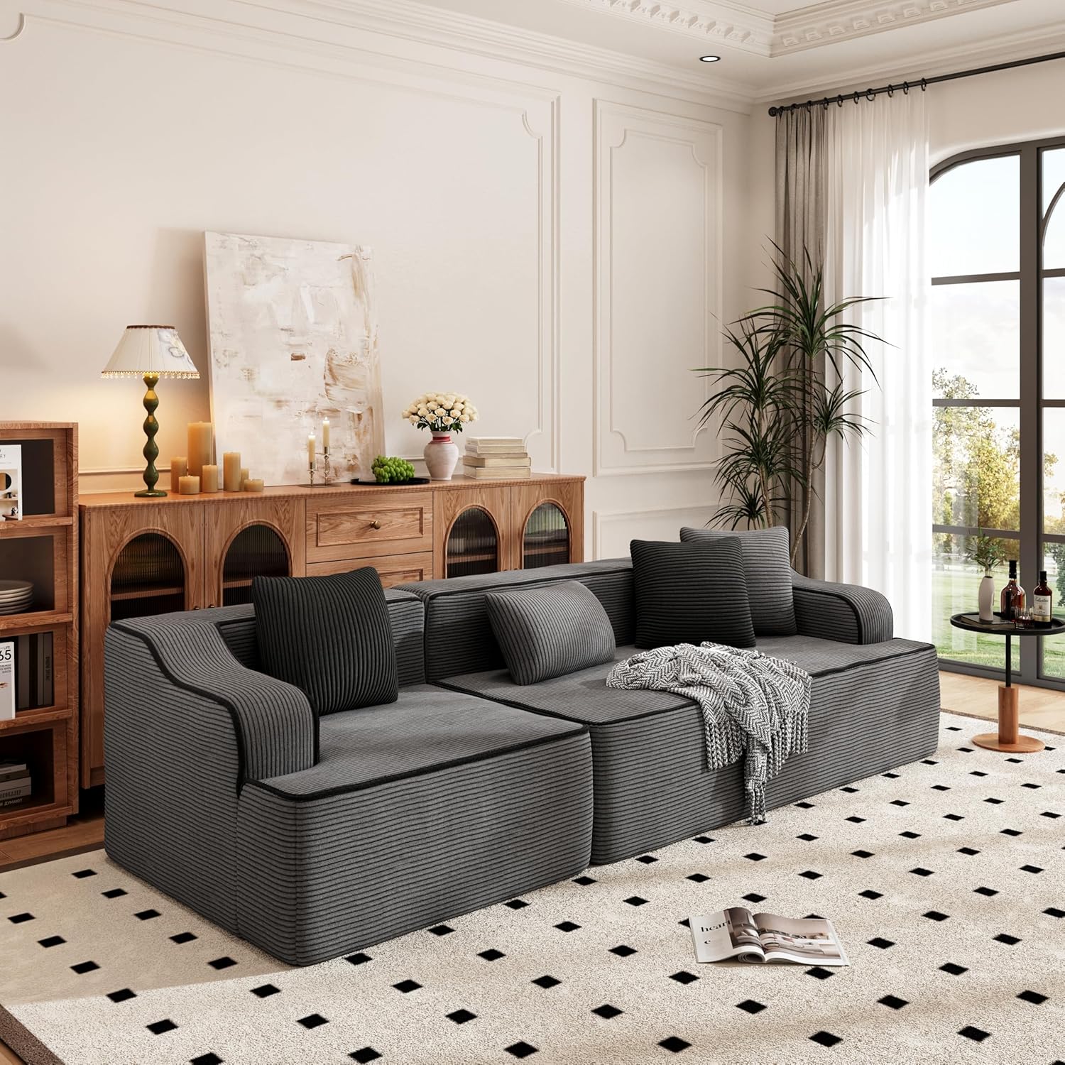 PHI VILLA Modular Boneless Couch, L-Shaped 5 Seater Cloud Sofa for Living Room, Foam Compressed Corner Sectional Sofas with Deep Seat and 5 Pillows, No Assembly Required, Corduroy Grey