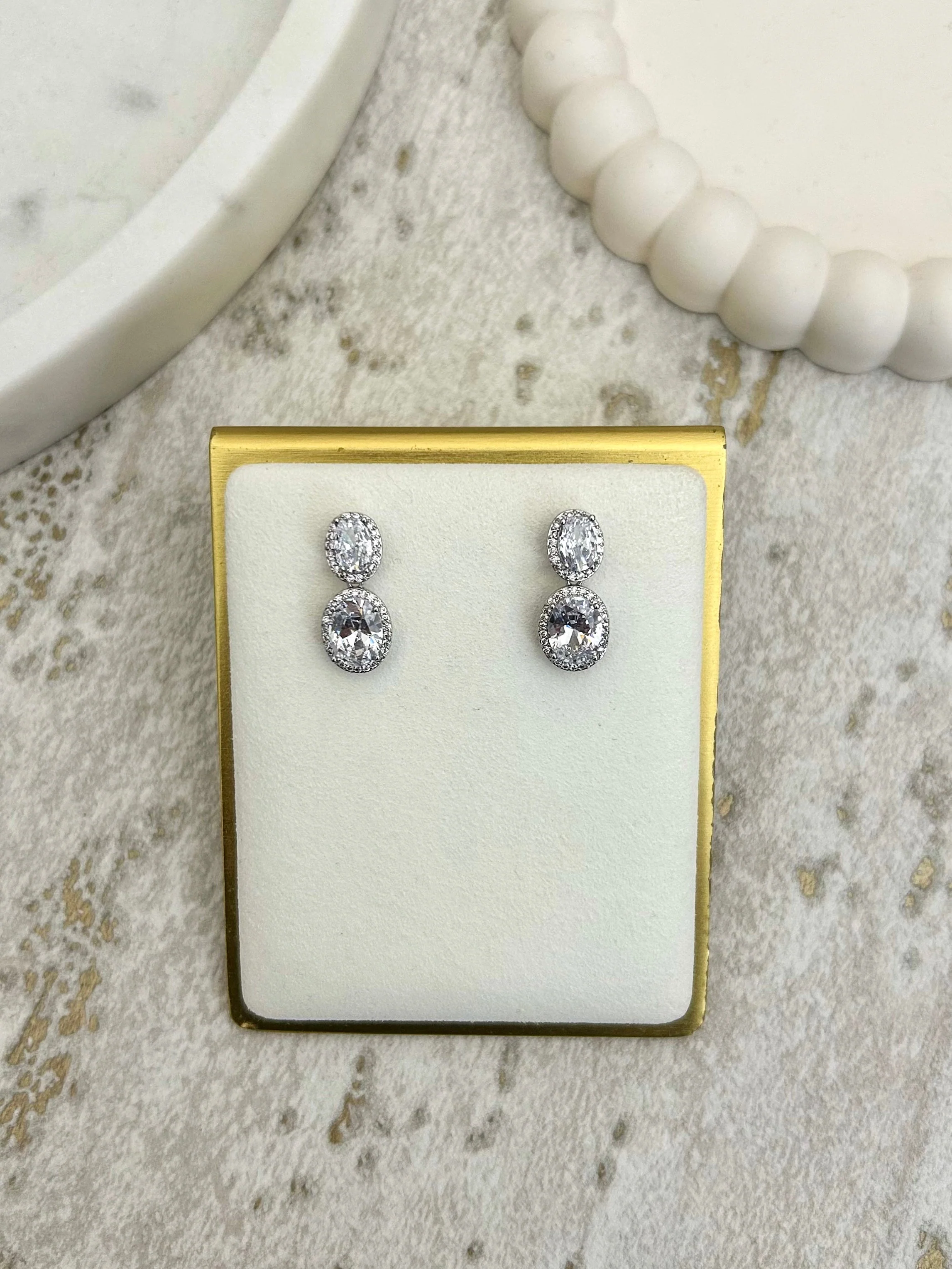 Diamante Trim Oval Diamond Drop Stud Earrings