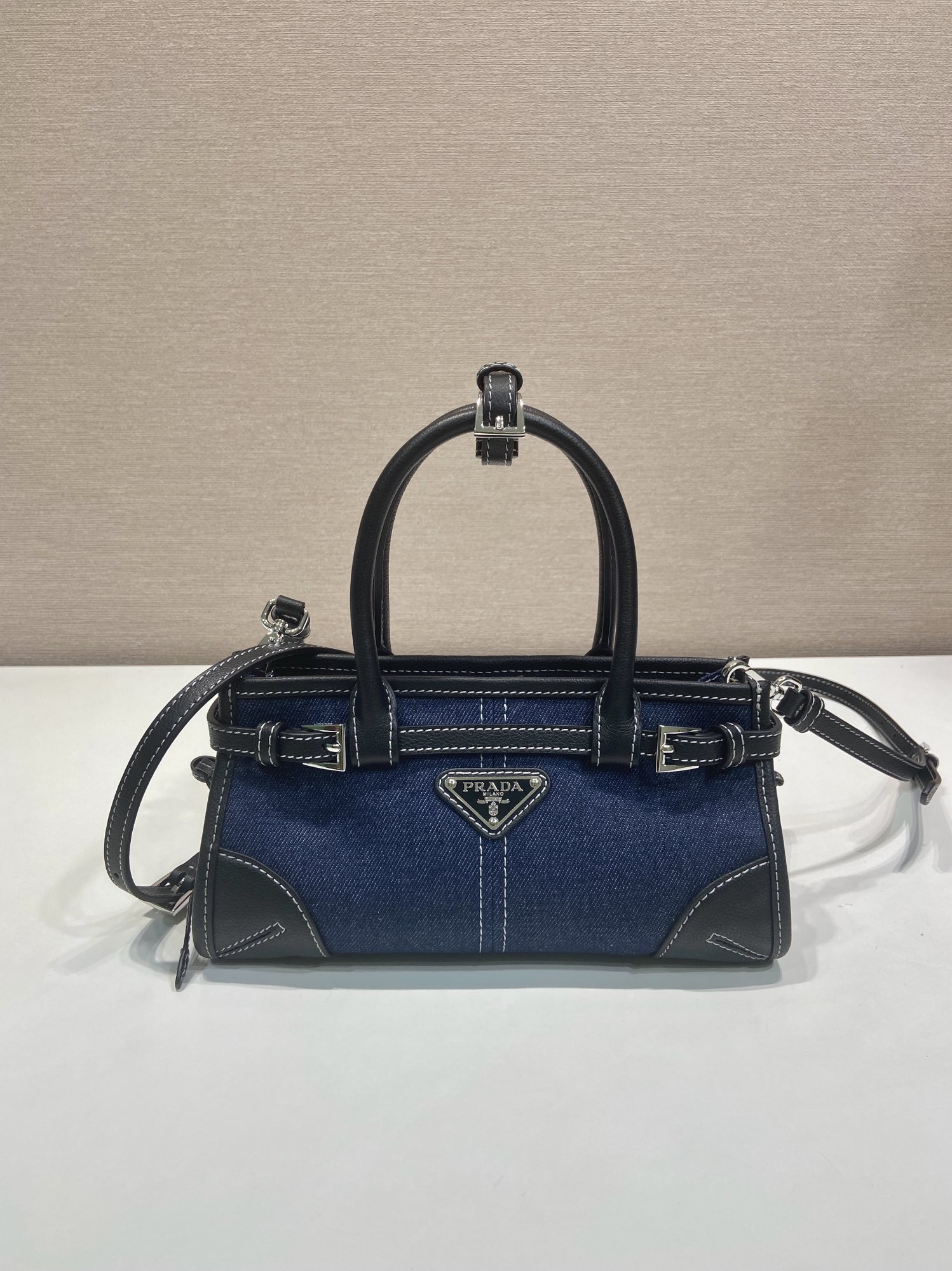 [TOP] PRADA Softlux Bag Denim/Calfskin 23.5x12x9cm - Blue and Black - 711 Luxury
